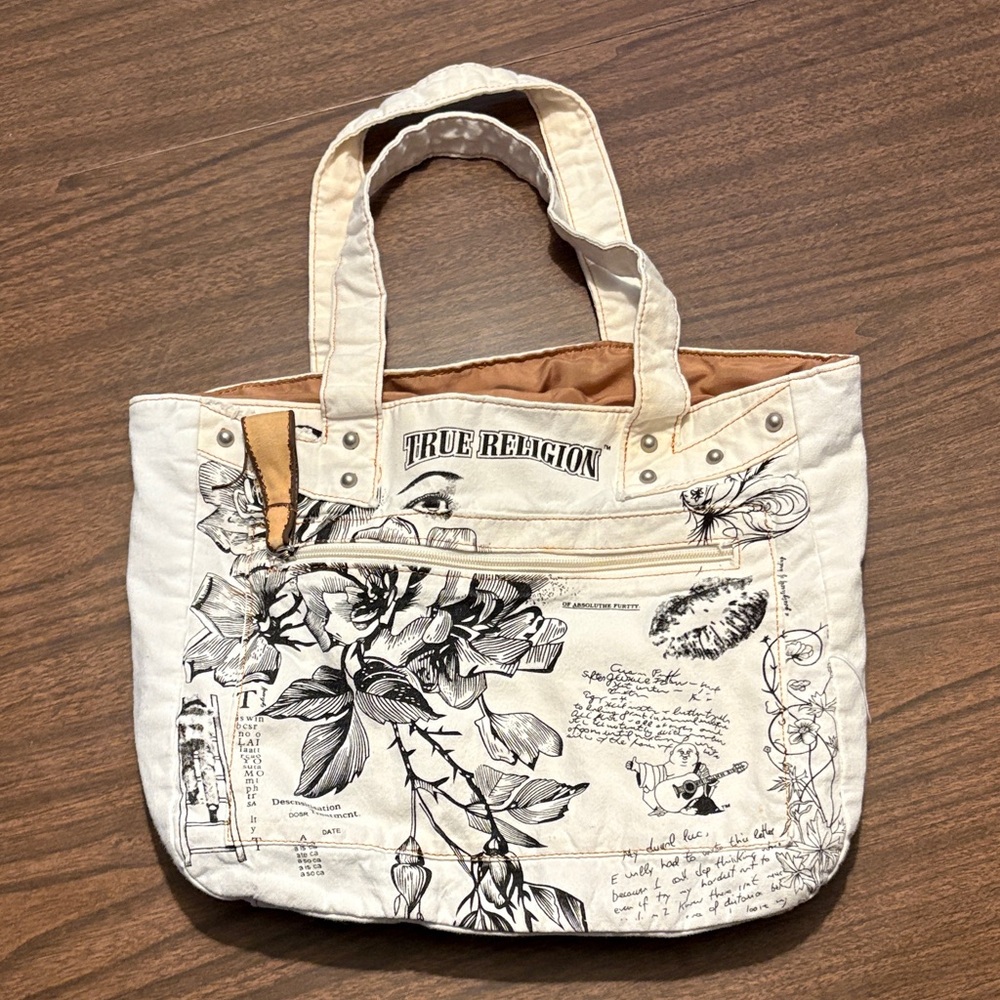 True Religion Canvas Tote Bag Magnetic Closure Floral Buddha Boho